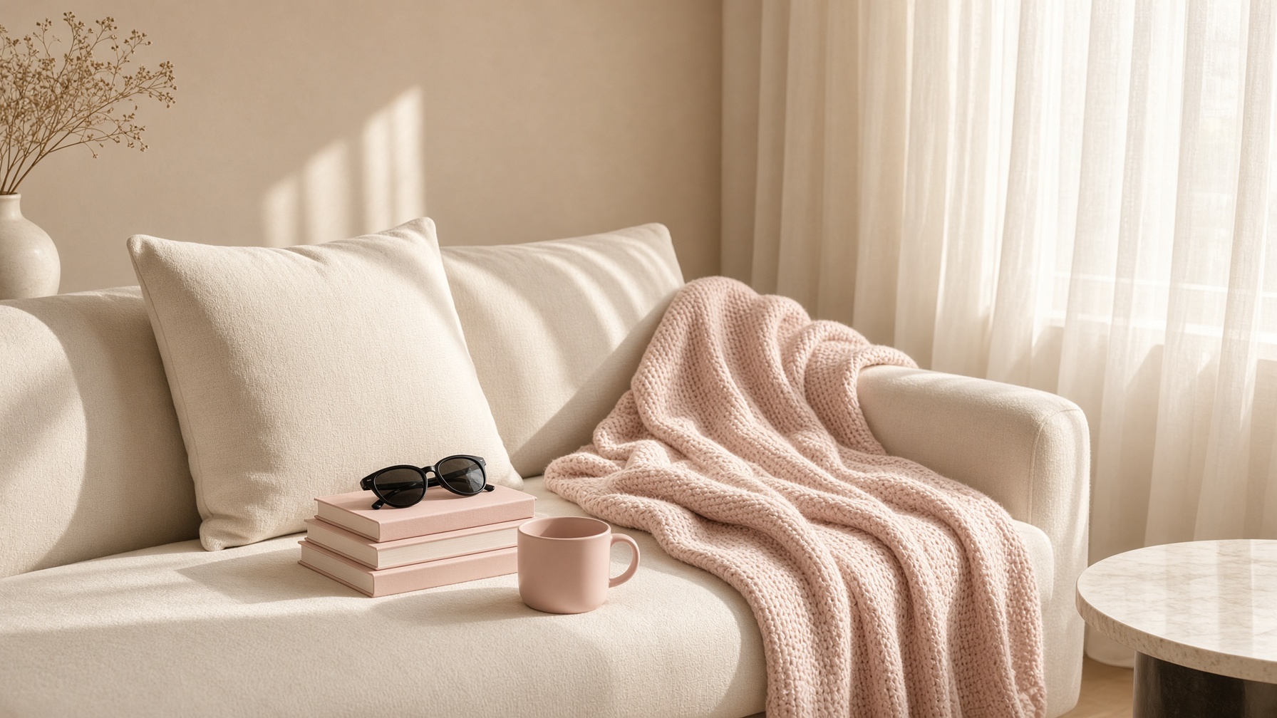 Blush throw, mug, and sunglasses in morning light